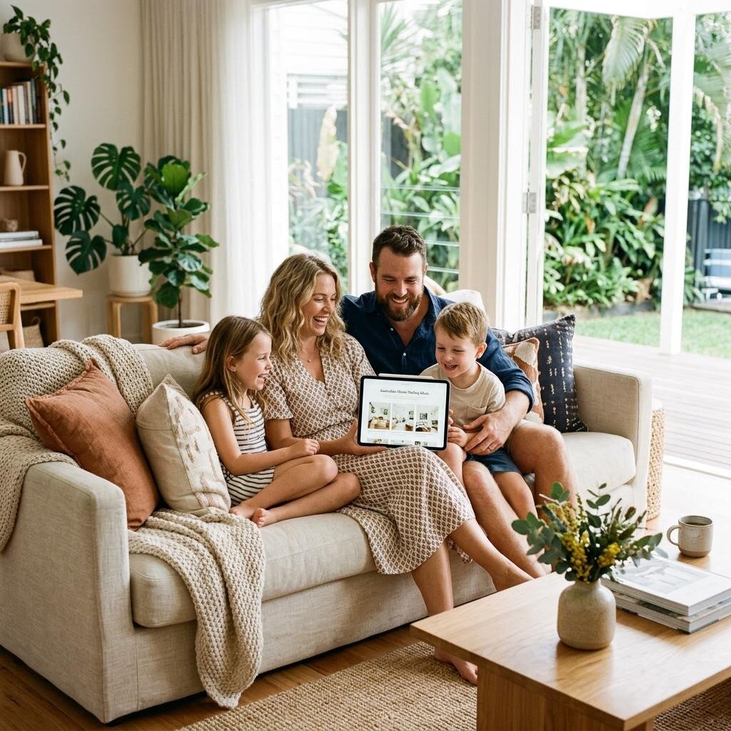 Happy family reviewing their new home search on a tablet together in their living room